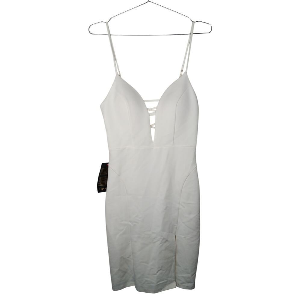 New Bebe White Bodycon Dress Size M $Deep V Criss Cross Back Party - Picture 2 of 12